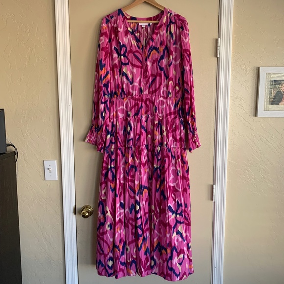 Chico's Pink Artsy Print Tiered Maxi Dress Sz.2 or 12 V- neck LS Lined Colorful - Picture 1 of 13